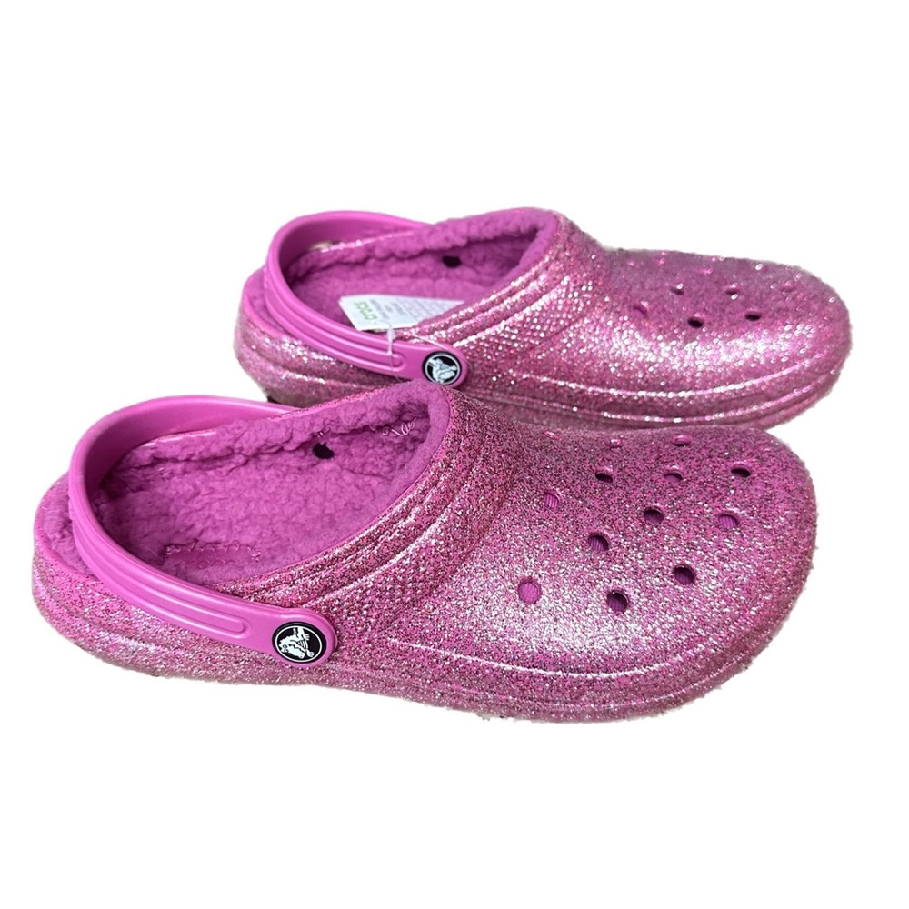 Size 6 Big Kids Pink Glitter Fur Lined Crocs - Picture 1 of 7